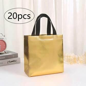 20pcs Reusable Gold Metallic Gift Bags With Handles, Shiny Non-Woven Fabric Shopping Tote Bags For Birthday Party, Wedding