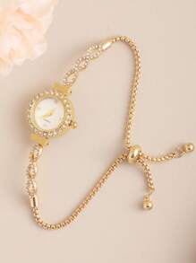 1pc/2pcs Fashionable Women's Bracelet Watch, Luxury Round Dial With Rhinestone Diamond Crystal Ripple Design, Alloy Quartz Watch, Gift For Girlfriend