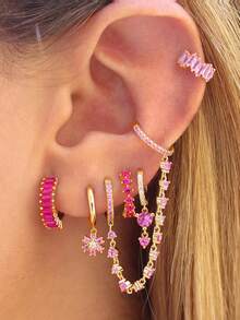 6Pcs Lovely Gold Plated Cubic Zirconia Dangle Earrings For Women Pink Zirconia Flower Hoop Earrings Set Fashion Jewelry