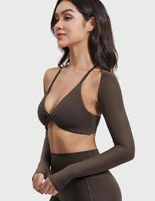 Women Crop Top Long Sleeve Bolero Open Front Workout Cropped Shirts Sports Shrug - Brown - View 4