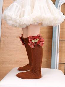 1 双女孩简约万圣节趣味卡通装饰踝袜，闪亮蝴蝶结点缀纯色罗纹及膝袜，四季皆宜 - 彩色 - 查看 11