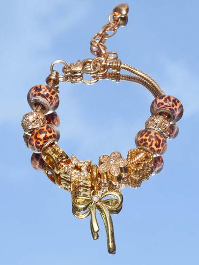 1pc Leopard Print Bow Charm Bracelet, Sexy Leopard Bow Bracelet, Heart Flower Leopard Print Bracelet, Leopard Gold Color Women Bracelet