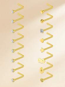 16pcs Funky Stainless Steel Heart Flower Cubic Zirconia Nose Studs For Women For Daily Decoration, 20G Gold Nose Rings Studs Nose Piercing Jewelry Nose Rings 8mm Nose Studs Earrings Studs