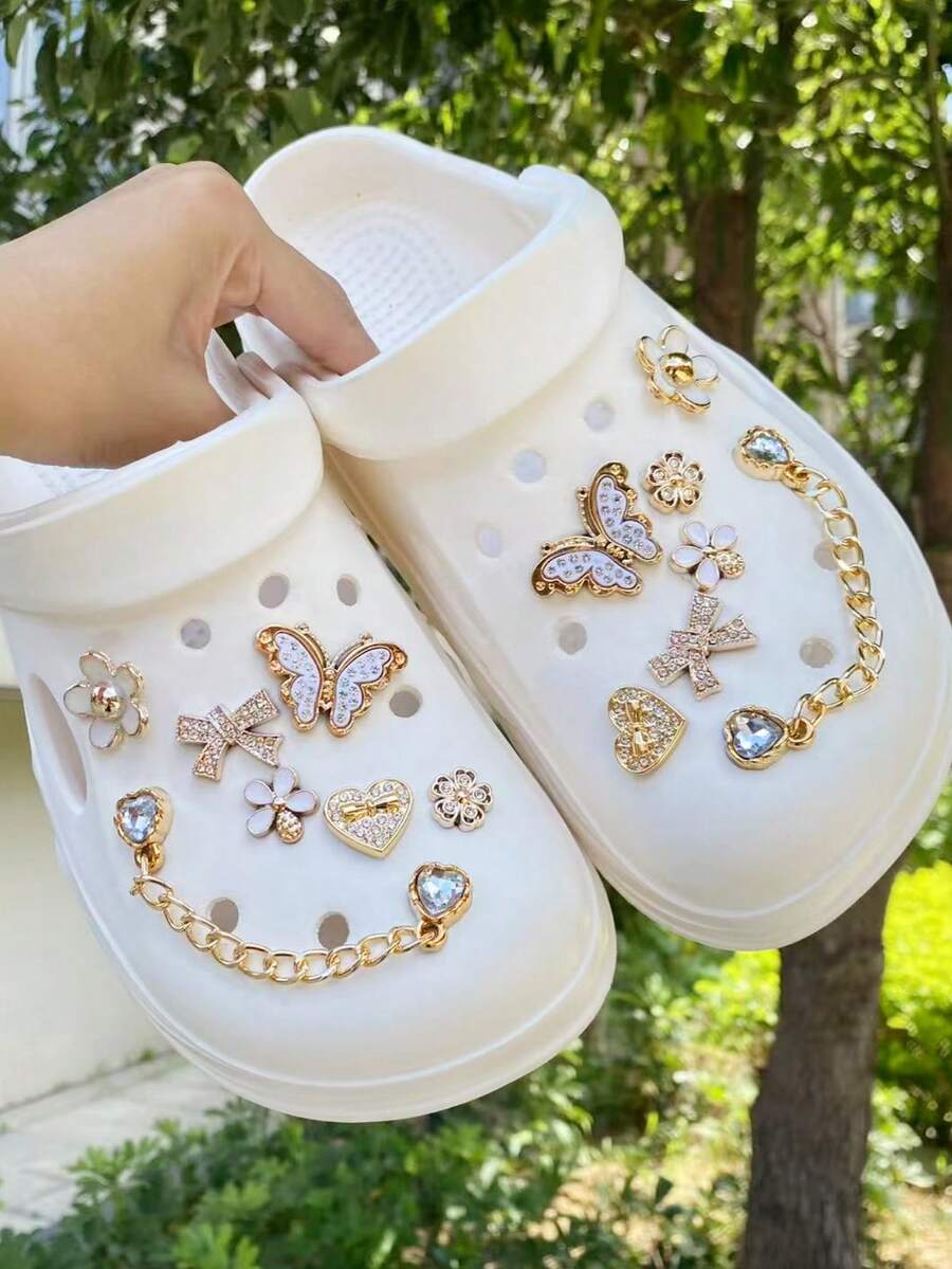 14件組金色鏈條、愛心蝴蝶結、水鑽蝴蝶、花瓣、蝴蝶結、花朵ABS樹脂鞋飾DIY可拆卸-個性化鞋履風格 - 金色 - 查看 1