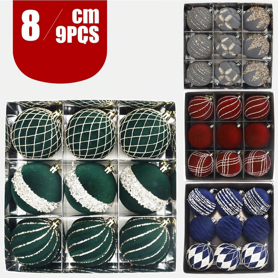 9PCS Glitter Sequin Christmas Balls Ornaments Velvet Christmas Balls Ornaments, 3.14"/80MM Flocked Christmas Tree Hanging Decorations For Xmas Decor Home Decor Christmas Decorations Room Decor Winter Christmas Decorations Home Christmas Gifts Christmas Decor - Multicolor - View 1