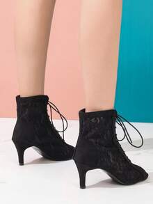 女式中跟镂空网眼优雅舞蹈踝靴，罗马风格镂空系带靴，黑色优雅镂空系带靴 - 黑色 - 查看 4