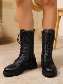 Western Style Lace-Up Metal Eyelet Side Zipper Women's Boots, Flat Vintage Riding Boots, Minimalist Plus Size Mid-Calf Boots - Black - View 3