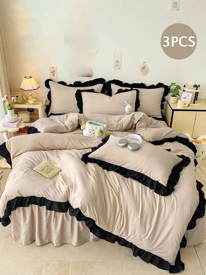 Khaki Ruffled Soft Skin-Friendly 3 Pieces Duvet Cover Set, Suitable For Bedroom, Guest Room, All Season
