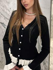 Cárdigan de punto con puños con volantes de color contrastante para mujer, para otoño/invierno, blusas de manga larga de otoño, elegante en color blanco y negro