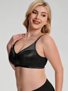 Wingslove Plus Size Women Wireless Full Coverage Floral Print Comfortable Bra - Black - View 6