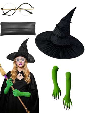 1 件/4 件万圣节女巫 COS 服装配饰，包括女巫帽、长指甲套、无度数眼镜、眼袋，适合节日派对、角色扮演、游行