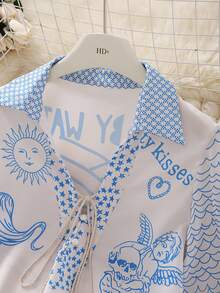 Ocean-Style Printed Shirt Set, Casual And Versatile Deep V-Neck And Long Sleeves, Perfect For Beach Vacations And Fashion Spring - Blue - View 4