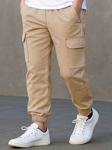 3pcs Young Boys' Solid Color Cargo Pants With Large Pockets, Fashionable Casual Drawstring Trousers, Suitable For All Seasons - Grey - View 2