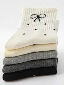 5双春秋冬儿童袜子，黑色，白色，灰色，波点，蝴蝶结袜子，百搭，休闲运动女童袜 - 彩色 - 查看 9