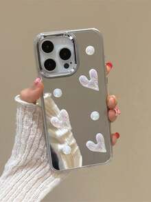 1pc Laser Heart Pearl Phone Case With Makeup Mirror, Compatible With IPhone 17/17 Air/17 Pro/17 Pro Max, Compatible With IPhone 16-7/Pro/Pro Max/Plus, S10-S25/Ultra/FE/Plus/Ultra, Compatible With Redmi, - Elegant Girly 3D Decor, Delicate & Cute Portable, Niche Design, Anti-Drop & Scratch,International Version, Not The Domestic Version - Silver - View 4