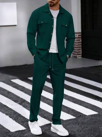 Set 2 buc cămașă casual pentru bărbați, culoare solidă, cu buzunare duble și guler + pantaloni, ținută ușoară de sport și vacanță, primăvară/toamnă