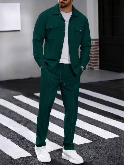 2pcs Men's Casual Solid Color Shirt With Dual Pockets & Collar + Pants Set, Lightweight Leisure Sports Vacation Outfit, Spring/Autumn