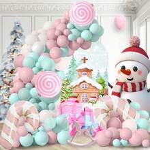 106pcs Pink Christmas Theme Party Balloon Arch Kit, Including Pink Lollipop Candy Cane Foil Balloons, White Pink Macaron Blue Latex Balloons, Suitable For Christmas Family Gathering Party Decoration, Christmas Scene Layout