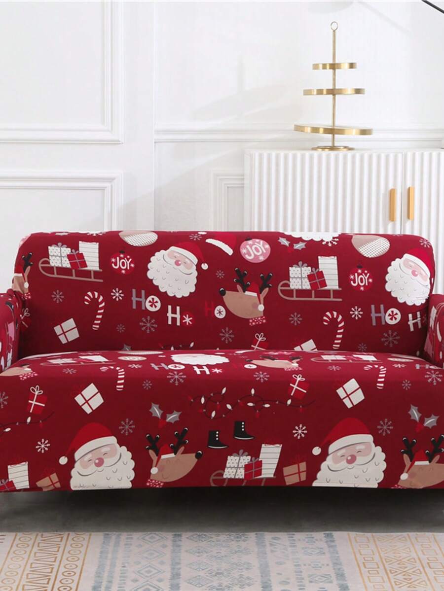1pc Santa Claus Pattern Stretch Full Coverage Sofa Cover, Modern Style Polyester Fabric, Machine Washable, Suitable For Holiday Decoration - Santa Claus - View 1