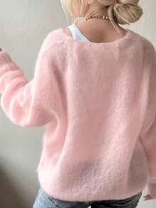Women's Mohair Blend Sweater | Pastel Pink V-Neck Pullover For Autumn/Winter | Soft Drop Shoulder Knit Top, Suitable For Cool Weather And Everyday Wear, Cozy & Warm - Pink - View 2