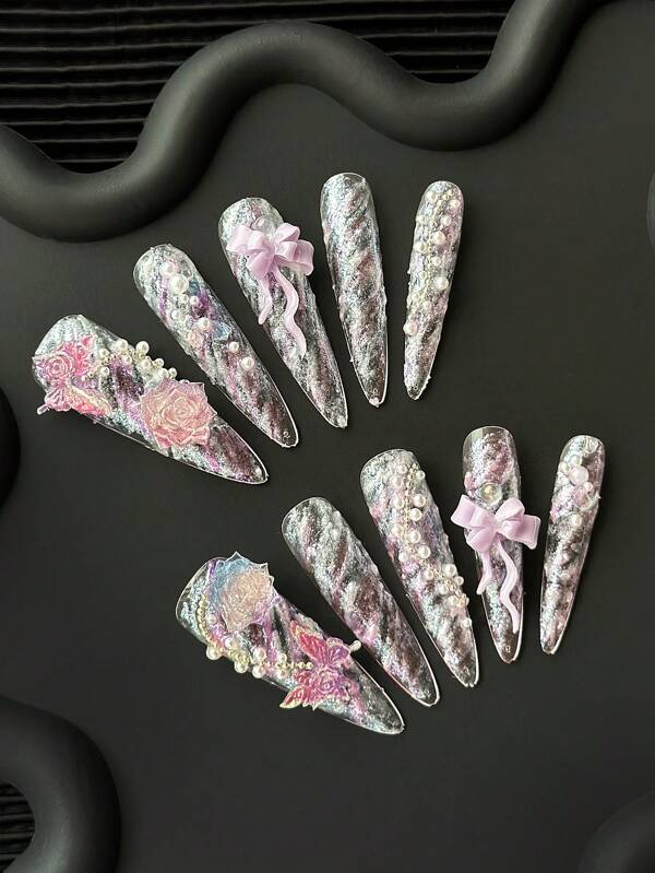 40mm Unghie finte a stiletto extra lunghe fatte a mano, punte per unghie multicolore con fiocco, perle e accessori floreali, unghie sfumate a occhio di gatto glitterate, combinazioni creative di motivi Y2K, design a blocchi di colore 3D, unghie finte lucide e complete, 10 pezzi/confezione