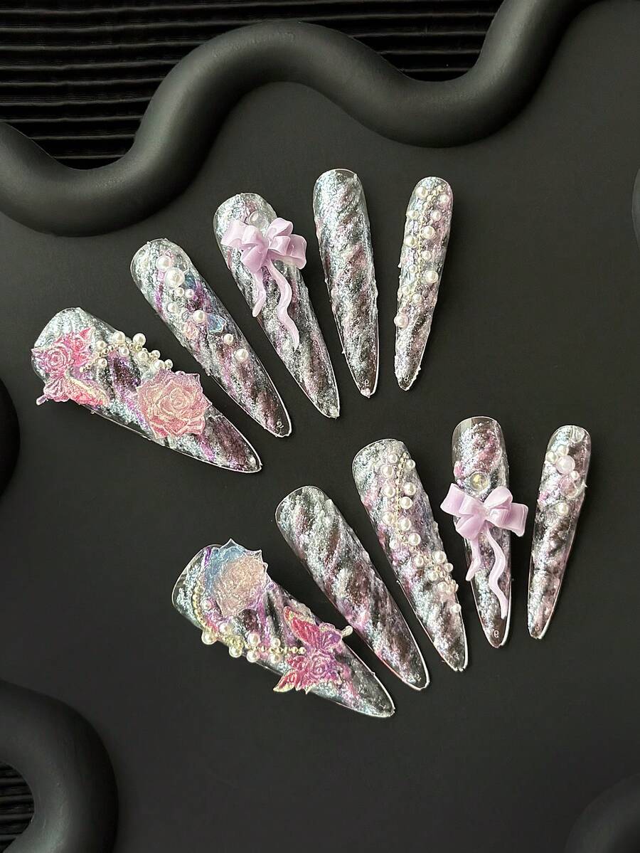 40mm Unghie finte a stiletto extra lunghe fatte a mano, punte per unghie multicolore con fiocco, perle e accessori floreali, unghie sfumate a occhio di gatto glitterate, combinazioni creative di motivi Y2K, design a blocchi di colore 3D, unghie finte lucide e complete, 10 pezzi/confezione