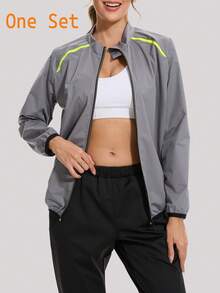 1 Set Women Silver Coated Sweat Suit Jacket And Pants, Suitable For Outdoor Sports, Shaping, Running, Fitness