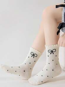 5双春秋冬儿童袜子，黑色，白色，灰色，波点，蝴蝶结袜子，百搭，休闲运动女童袜 - 彩色 - 查看 3