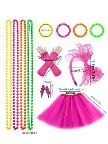 Forever & Moment 3/5/12 件女士 1980 年代霓虹服装配饰套装蝴蝶结头带闪电吊坠耳环串珠项链无指渔网手套手链万圣节装饰礼物万圣节派对礼物 - 多色 - 查看 10