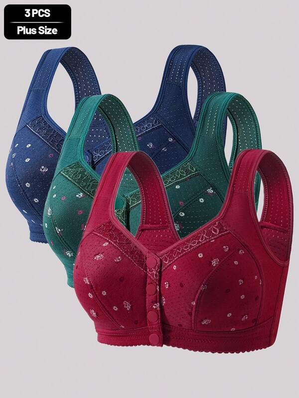 3 Pieceslarge-Sized Elegant Floral Women's Bra, Comfortable And Breathable Large-Sized Bra With Front Buckle And No Steel Ring, Large-Sized Women's Underwear