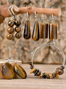 复古天然虎眼石耳环 日出 - 优雅棕色吊坠耳环，镶嵌多面切割宝石，水滴形、几何形和圆形吊坠耳环 - 咖啡棕 - 查看 10