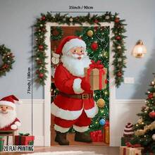 2D Door Curtain Banner, 1pc Large Santa Claus With Gift Decorative Tree - Easy Hanging Adhesive Design - No Electricity Needed - Durable Polyester Holiday Decor, Suitable For Front Door, Home, Office, Shop - Indoor Outdoor Christmas Party Decoration - Festive Atmosphere Door Hanging, Vivid Flat Pattern