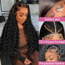 深卷高清200%密度蕾丝前额假发，无需胶水，13x4真人发蕾丝闭合假发 - Jerry Curly 预熨烫、预剪裁、预拉直，原生人发混纺蕾丝前额假发，带婴儿发，无需胶水，无需技巧，适合女性日常佩戴，混纺发假发，无需胶水，不易打结，佩戴即自然，黑色 - 自然色&黑色系 - 查看 4