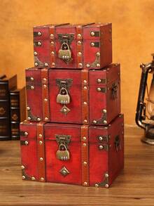 1 件复古绿色木制方形珠宝盒，大号欧式木制储物盒，带锁和密码的工艺道具，百宝箱 - 復古紅 - 查看 10