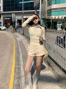 Áo thun dài tay 2 trong 1 ôm vừa vặn thoải mái dành cho nữ, Thu/Đông - Màu vàng - Xem 7