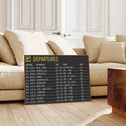 1 peça de pôster de arte de parede em tela HD com tema de aviação de aeroporto - design clássico de quadro de voo vertical Art Déco com status e horários de voo, decoração de parede interna em tela premium para quarto, sala de estar, escritório, banheiro - sem necessidade de moldura, presente ideal, decoração de avião, tipografia clara, decoração de casa, decoradores de casa