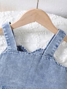 2pcs Young Girl Retro Cherry Embroidery Sleeveless Denim Tank Top And Denim Pleated Skirt Set, Summer