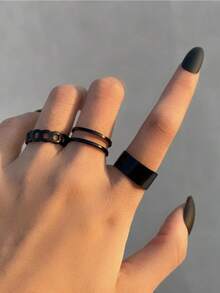 3 件套炫酷开口可调节简约女士戒指套装 - 黑色 - 查看 5