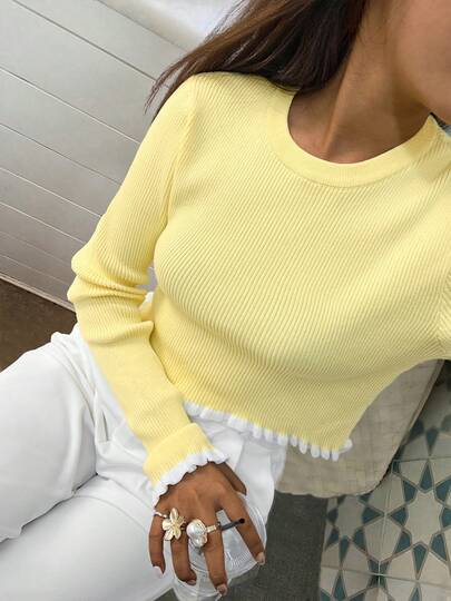 Suéter tejido con volantes de color amarillo mantequilla de manga larga, elegante y casual, ideal para vacaciones y graduación