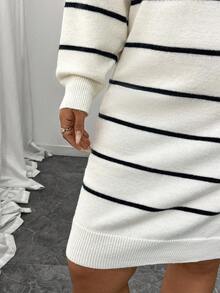 Plus Size Women Contrast Stripe Ribbed Casual Long Sleeve Knit Dress - Black and White - View 8