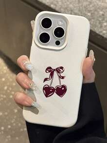 1pc Cute Retro Fashion Single Heart Cherry Illustration Litchi Texture Anti-Drop Anti-Slip Soft Phone Case Compatible With Apple, Phones - Multicolor - View 4