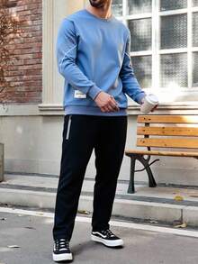 Chándal de hombre: pantalón de color liso y traje de manga larga, rayas,2 conjuntos de trajes deportivos para hombres, ropa de guardia y pantalones para hombres, ropa deportiva recreativa, ropa de otoño - Azul Marino - Ver 3