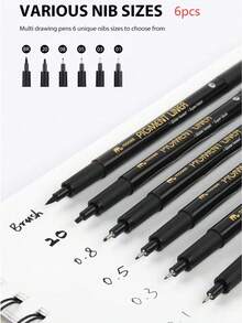 Mobee Super Black German Ink Pigment Liner Pen, 3/6/12 Pcs Fine Tip Pen Set, Metal Clip, German Ink, High-Quality Fine Tip Marker Pen, Water-Based Liner Pen, Master-Level Fine Art Drawing - màu đen - Xem 6