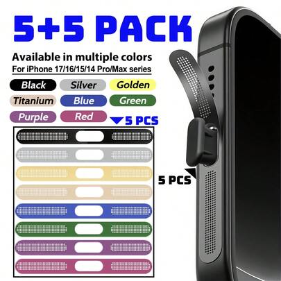 5+5pcs/Set For IPhone 17 Pro Max/17 Air/17/16/15/14 Pro/14 Pro Max Series Metal Speaker Dustproof Mesh(5pcs-Multicolour) + Type-C Dust Stopper(5pcs-Bl
