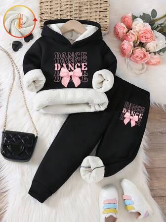 2pcs/Set Young Girl Casual Fashion Cute Elegant Simple Collegiate Style Bow & Letter Print Thermal Lined Hoodie Sweatshirt And Fleece Jogger Pants Set, Suitable For Outdoor, Back To School, Commuting, Social Gatherings, Spring/Autumn/Winter