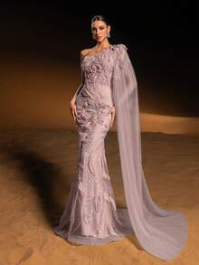 GIFORU Luxurious Lavender One-Shoulder Evening Gown – Elegant Floral Crystal Beading & Sheer Cape For Red Carpet Galas White Dress New Year Elegant Dresses For Party Elegant Long Graduation Dress Sparkly Dress - 藕粉色 - 查看 4