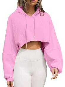 Women's Hoodies Pullover Long Sleeve Cropped Sweatshirt Loose Shirt - 粉紅-a - 查看 1