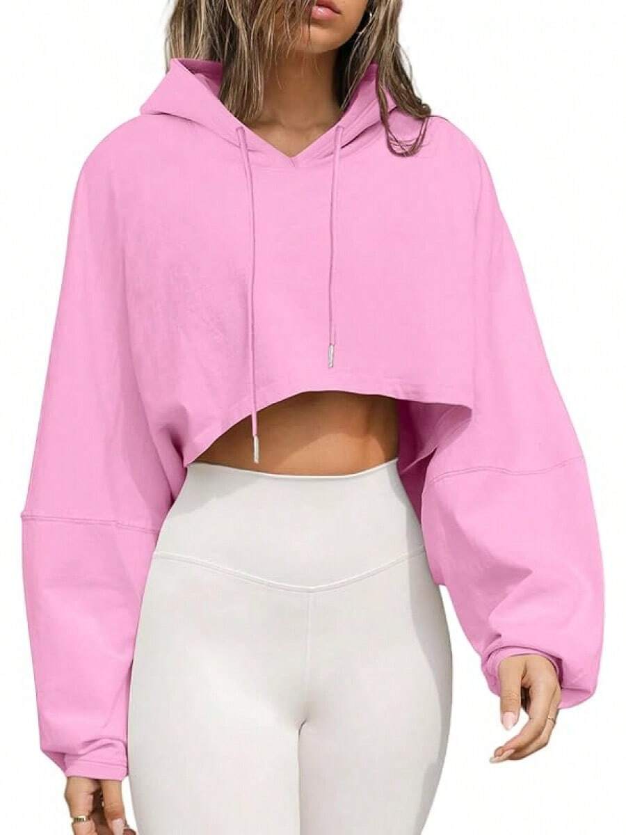 Women's Hoodies Pullover Long Sleeve Cropped Sweatshirt Loose Shirt - 粉紅-a - 查看 1