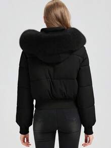 FANMUER Nuovo cappotto imbottito corto da donna con cappuccio e colletto in pelliccia sintetica, maniche lunghe regolari e chiusura con zip, casual per l'inverno
