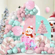 106pcs Pink Christmas Theme Party Balloon Arch Kit, Including Pink Lollipop Candy Cane Foil Balloons, White Pink Macaron Blue Latex Balloons, Suitable For Christmas Family Gathering Party Decoration, Christmas Scene Layout